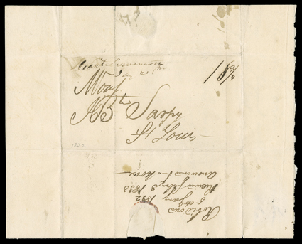 Robidoux, Joseph, Autograph letter signed from Cantonment (now Fort) Leavenworth, January 5, 1832. He writes in French to Jean Baptiste Sarpy in St. Louis: It is as yet
impossible for me to give you the outcome of my business. Only about one t