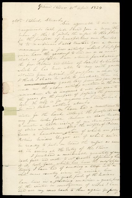 Robinson, Rix, Autograph letter signed by Robinson, Grand River (near present-day Grand Haven, Michigan), April 21, 1824. He writes to Robert Stuart, the AFC agent in
Michilimackinac: I send you a man (the bearer of this) to pilot a vessel to