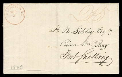 Robinson, Rix, Fur trade content autograph letter signed to Henry Sibley at Fort Snelling, dated Mackinac, August 22, 1835. With September 3 postmark and 25 rate. At the time,
Sibley was a supply agent for the American Fur Company. Robinson write