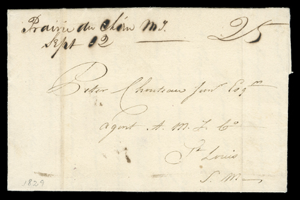 Rolette, Joseph, Choice early letter by Joseph Rolette, in French, to Pierre Chouteau (who has written him about money he owes Kenneth McKenzie) in St. Louis, September 11,
1829. He writes from Prairie du Chien: I can only acknowledge that aft