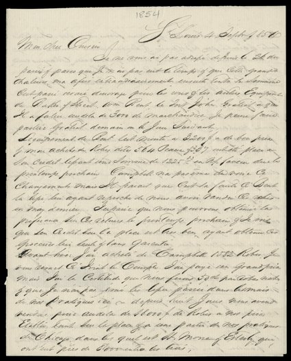 Sarpy, John B., A good business letter to his partner and cousin, Pierre Chouteau, in New York, September 1, 1854. He writes from St. Louis, telling him fur trader William:
Bents equipment came to $3200 at good prices and my purchase of robes