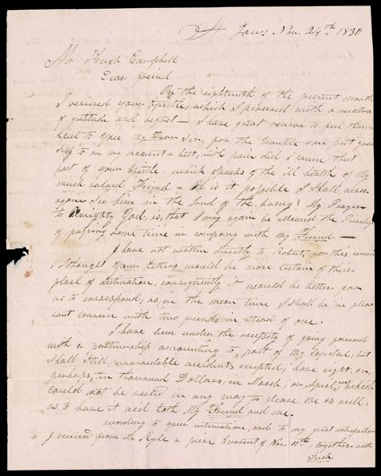 Smith, Jedediah, Extraordinarily rare Autograph Letter Signed Jedediah S. Smith, 2 pages, 4to, St. Louis, November 24, 1830. He writes to Hugh Campbell, brother of Robert
Campbell, in Richmond, Virginia: I have been under the necessity of go