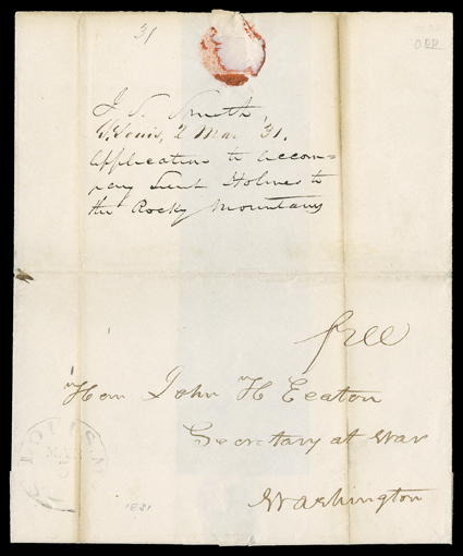 [Smith, Jedediah] Manuscript document with secretarial signature J.S. Smith by S. Parkman. The document is to Gen. William A. Ashley, April 9, 1831, a request to pay Mrs. John
B. Smith five dollars per month for six months. With Catherine Smith