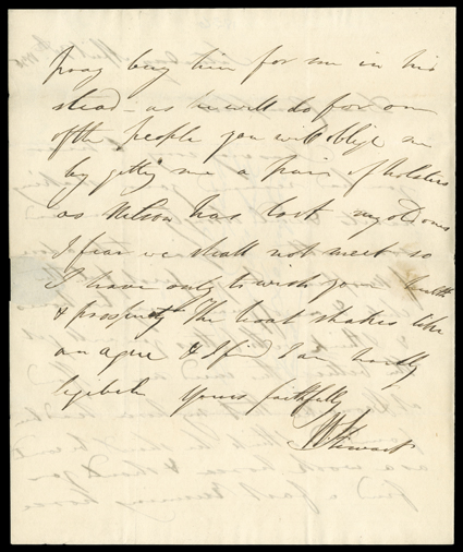 Stewart, William Drummond, Choice pair of autograph letters signed by the Scottish sportsman (1795-1871) whose forays into the wild American West in the 1830s became the basis
for dramatic paintings by Alfred Jacob Miller and also for his own fro