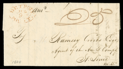 [Stone, Bostwick, & Co.] Autograph letter signed by fur trader David Stone, Detroit, July 6, 1824. With red oval postmark and 25 rate. Stone writes Ramsey Crooks of the
American Fur Company explaining that he closed the posts at Lower and Upper S