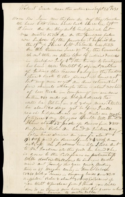 Sublette, William, on the Death of Jedediah Smith, Highly important Sublette, William, Autograph Letter Signed W.L. Sublette, 2 pages, legal folio, Walnut Creek near the
Arkansaw, September 24, 1831. He writes to William H. Ashley in St. Loui