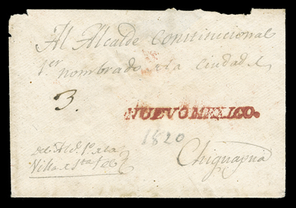 NUEVO MEXICO, bold vivid red straightline handstamp on cover from Santa Fe to the Alcalde (mayor) of Chiguagua (Chihuahua), Mexico from the Alcalde of theVilla s Sta Fee, with
manuscript 3 reales rate, flap missing, remarkably fresh and v