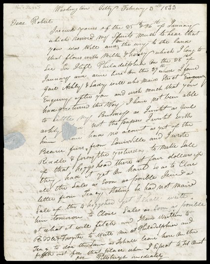 Sublette, William, Good content autograph letter regarding boats for the Missouri River, signed to Robert Campbell, Washington, February 3, 1833. He is there visiting William
H. Ashley after attempting to purchase supplies on the East Coast for h