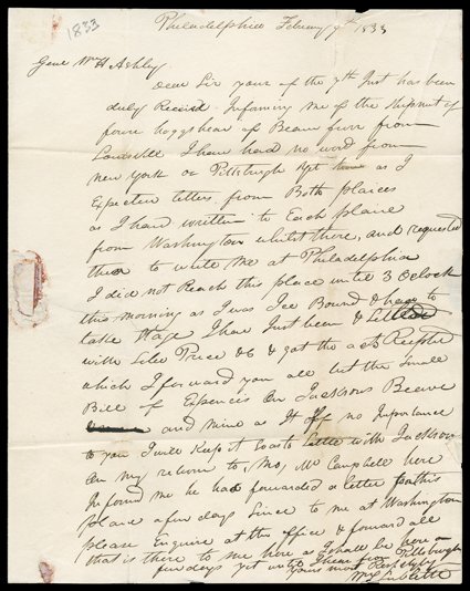 Sublette, William, Interesting Autograph Letter Signed W.L. Sublette, 1 page, 4to, Philadelphia, February 9, 1833, to General William H. Ashley in Washington. He has not heard
from New York or Pittsburgh yet. (Sublette had sent to Pittsburgh to