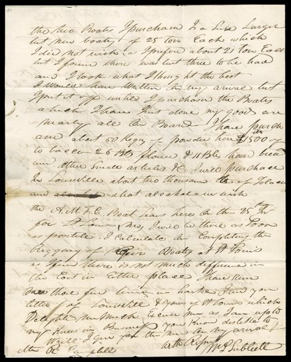 Sublette, William, Fur trade content autograph letter signed by William Sublette, Pittsburgh, February 22, 1833, to his business partner, Robert Campbell, in St. Louis. I did
not sell my furrs but Suppose they are Sold by this time...I leave h