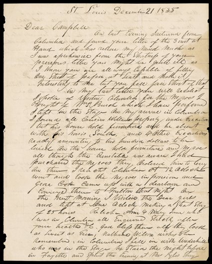 Sublette, William, Six autograph letters signed to his longtime business partner, Robert Champell, all from St. Louis or Sublettes nearby farm at Sulphur Spring, to New York,
Philadelphia, and Independence, December 12, 1835 to April 30, 1836. T