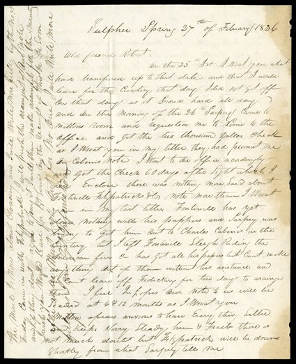 Sublette, William, Excellent business content Autograph Letter signed W.L. Sublette, Sulphur Springs, MO, and St. Louis February 27 and 29, 1836 (though probably misdated, as
it bear an April 28 postmark). He writes Robert Campbell at Gill Campb