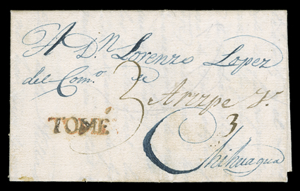 TOME, bold red-brown straightline postmark on folded letter with integral address leaf datelined Belem (Belen) Mayo 20 de 1823 and addressed to Chihugua (Chihuahua) with
manuscript 3 reales rate, then forwarded to Arupe with an additional 3