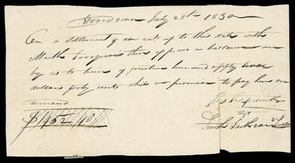 [1830 Rendezvous, Campbell, Fitzpatrick, and Sublette] Exceptional triple autograph item while at the 1830 rendezvous. An Autograph Document Signed Thos. Fitzpatrick  agt
Smith Jackson & Sublette, 1 page, oblong 8vo, Wind River, (present-day