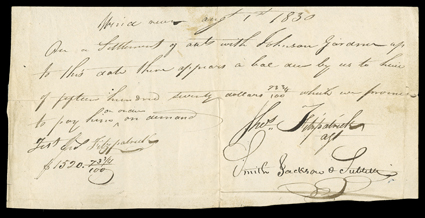 [1830 Rendezvous, Fitzpatrick, McKenzie and Sublette] Autograph document signed three times by the legendary mountain man known as broken hand and once by his colleague, the
King of Missouri Kenneth McKenzie and his employer, Big Bill Suble