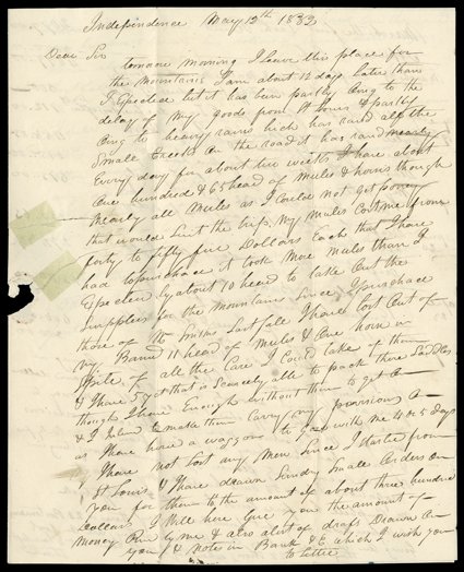 [1832 Rendezvous, William Sublette] Important autograph letter signed by Sublette from Independence, MO, May 12, 1832, to William H. Ashley in St. Louis. He reports that he is
just about to set off for the rendezvous, but: I am about 12 days l