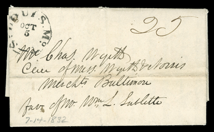 [1832 Rendezvous, Nathaniel Wyeth] Autograph Letter Signed by Nathaniel Wyeth. With integral address leaf datelined Two thirds the way across, July 14th 1832, carried back to
St. Louis by William Sublette, entering the mails to Baltimore with 