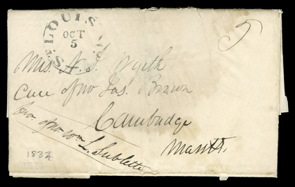 [1832, Rendezvous, Nathaniel Wyeth] folded Autograph Letter Signed by Nathaniel Wyeth with integral address leaf datelined Other side of the Rocky Mountains July 14th 1832 from
Nathaniel Wyeth to his wife in Cambrige, Mass., endorsed fav. of W