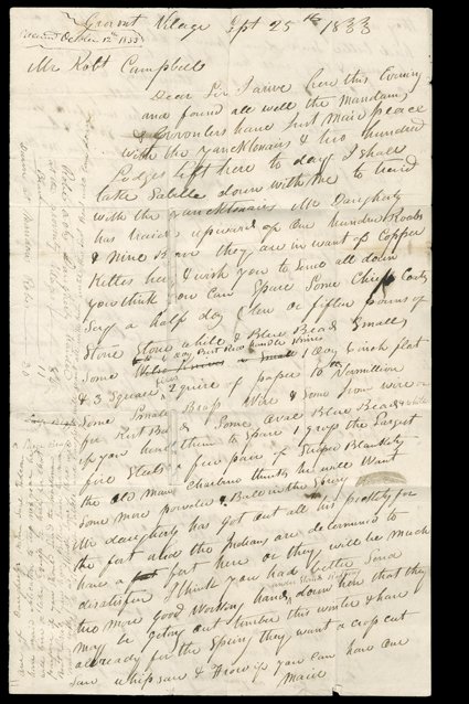 [1833 Rendezvous, William Sublette] Excellent lengthy content letter from William L. Sublette, Grovent Village (i.e., Gros Ventres) and Mandan Village, September 25, 1833.
Writing from near the Mandan towns on the Missouri River, Campbell had r
