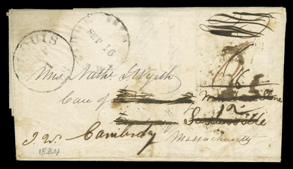 [1834 Rendezvous, Nathaniel Wyeth] Autographed Letter Signed from Nathaniel Wyeth datelined Hams Fork of the Colorado of the West, Latt 41, 45 Long 112, 35 W. June 21st 1834 to
his wife in Cambridge, Mass., address leaf endorsed J. W. and ent