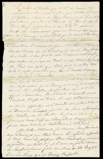 [Hudsons Bay Company Retakes Red River Fort, 1817] Historically important autograph affidavit signed by J.M. Cadotte, in French, QuAppelle River, (in present-day Saskatchewan),
February 14, 1817. Cadotte avers that:On the 10th of January, at