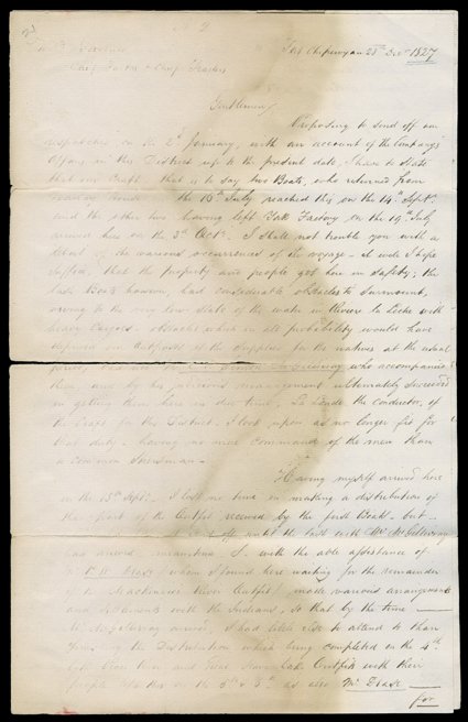 [Hudsons Bay Company, Alexander Stewart] Excellent content autograph letter signed by chief factor Alexander Stewart of the Hudsons Bay Company, 5-13 pages, legal folio, Fort
Chipewyan (on Athabasca Lake, now in Alberta), December 28, 1827. He