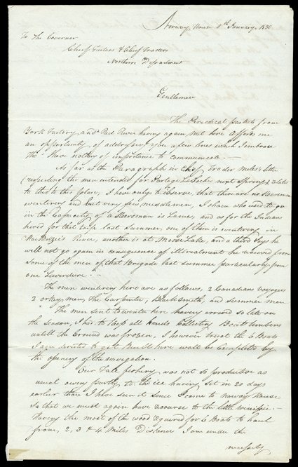 [Norway House, John MacLeod] Letter signed by MacLeod to the governor, chief factors, and chief traders of the Northern Department of the Hudsons Bay Company, Norway House (on
the Nelson River), January 5, 1830. He reports that:The men winter