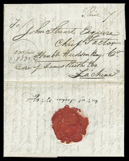 Fraser, Simon, Autograph letter signed from Cornwall, Ontario, April 20, 1835, to his longtime associate and close friend, John Stuart, chief factor of the Hudsons Bay Co.,
Care of James Keith Esq. at Lachine. Upon hearing that Stuart is going