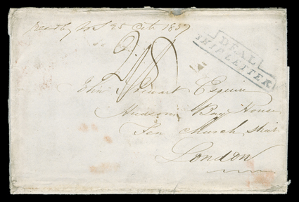 [New Caledonia, Peter Skene Ogden] folded cover and original letter datelined Western Caledonia, Feby 27th, 1837 written and signed by Peter Skene Ogden at Fort St. James on
Stuart Lake, carried by Hudsons Bay Co. canoe brigade express in the