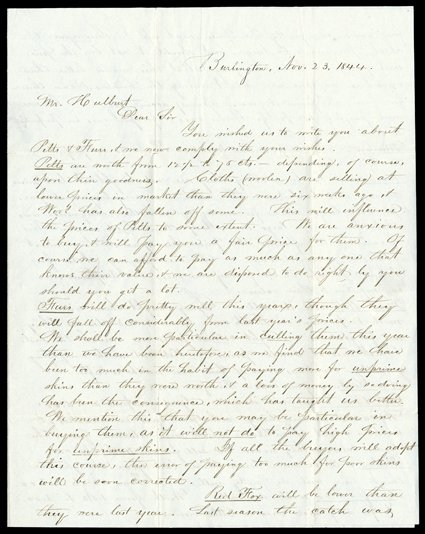 [Market Report, 1844] Great market content letter to Asa P. Culburt of Cowansville, Canada East (now Quebec), written by Vilas & Noyes of Burlington, VT, Nobember 23, 1844.
They give market news on the fur trade, including pelts, wool, furs, red