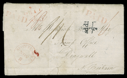 [Michipicoten, Alexander Hay] folded letter with integral address leaf datelined Michipicoten, 27th August, 1837 to Dingwall, Scotland, carried by Montreal canoe brigade,
entering the mails with red MontrealNov 8 datestamp and 6(d) rate, f