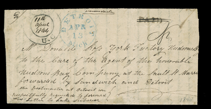 [Township of Zone to Donald Ross] folded letter of George McBeath with integral address leaf datelined Township of Zone, County Kent, Western District, Canada West, April 12,
1844 and addressed to Mr. Donald Ross York Factory Hudsons Bay, to t