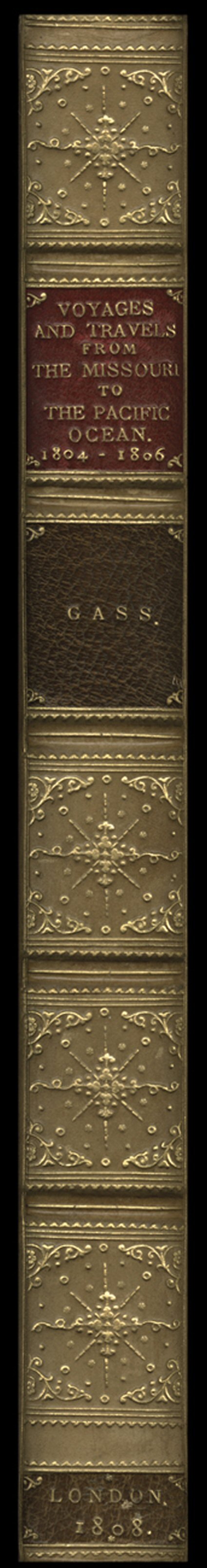 A Journal of the Voyages and Travels of a Corps of Discovery Under the Command of Captain Lewis and Captain Clarke., Patrick Gass. London, J. Budd, 1808 (from Pittsburgh, David
MKeehan, 1807). First English edition. 8vo, later full calf with
