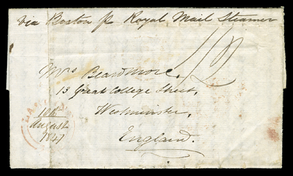 [Moose Factory, Charles Beardmore] June 21st, 1847 folded letter with integral address leaf datelined Moose Factory Ruperts Land Hudson Bay, Sunday June 21st 1847 and carried
by Hudsons Bay Co. express to Lachine, entering the mails with red 