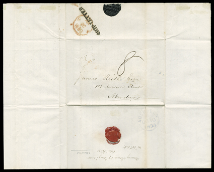 [Norway House, Donald Ross] August 27th, 1850 folded letter with integral address leaf datelined Norway House, 27th Aug. 1850 carried by Hudsons Bay Co. canoe brigade express
and then by their ship to England, entered the British mails to Aber