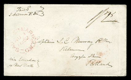 [Fort Simpson, Alexander Murray] cover with original letter datelined Fort Simpson, McKenzie River District, March 23rd 1852 to Scotland, carried by Hudsons Bay Co. canoe
brigade express, entering the mails with red Sault Ste MarieAug 1, 185