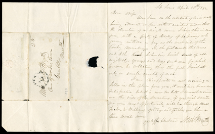 Wyeth, Nathaniel, Autograph Letter Signed Nathl. Wyeth, 1 page, 4to, St. Louis, April 18, 1832. About to leave civilization on his famous 1832 overland journey to the Oregon
Country, he writes his wife in Cambridge, Massachusetts: Here I am