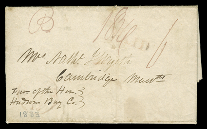 Wyeth, Nathaniel, Fort Vancouver, Oregon Country, January 16th, 1833, eastbound folded letter with integral address leaf from Nathaniel Wyeth to his wife in Cambridge, Mass.
datelined Fort Vancouver Jany 16th 1833 and endorsed Fav. of the Hon.