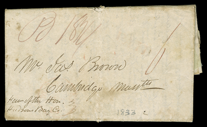 Wyeth, Nathaniel, January 16th, 1833] eastbound folded letter with integral address leaf from Nathaniel Wyeth to his friend James Brown in Cambridge, Mass. datelined Fort
Vancouver Jany 16th 1833 and endorsed Fav. of the Hon.Hudsons Bay Co.