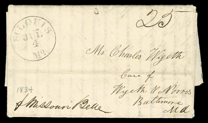 Wyeth, Jacob, Missouri Bell, manuscript directive on June 27th, 1834 folded letter with integral address leaf from Jacob Wyeth to his brother Charles datelined at Galena,
Illinois, entered the mails to Baltimore with St. Louis, Mo.Jul 4 date