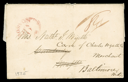 Wyeth, Nathaniel, Folded letter from the Oregon Country, with integral address leaf, from Nathaniel Wyeth to his wife in Cambridge, Mass. datelined Fort William Sept. 22nd 1835
and sent via Hawaii and Cape Horn, forwarded to Baltimore and place