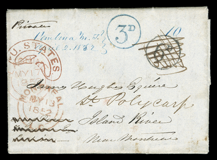 Pembina M. T.April 2, 1852 blue manuscript postmark on Rowand, John, folded letter with integral address leaf datelined Fort Augustus by Edmonton, 29 Dec. 1851 and carried by
an express of the Hudsons Bay Co. to the Red River Settlement, then