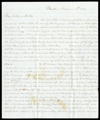 Murray, Alexander H, Choice pair of autograph letters signed by the chief factor at the Hudsons Bay Companys post at Pembina, December 16, 1852, and March 13, 1858. In contrast
to his time in Russian Alaska, and on the Mackenzie River in northe