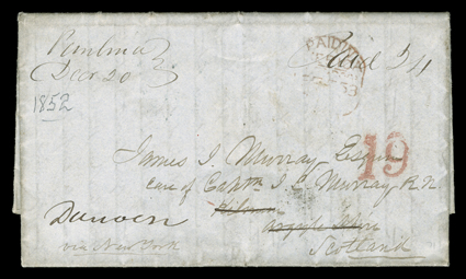 Pembina, Dec 20, (1852) manuscript postmark on Alexander Murray folded letter with integral address leaf to Scotland with manuscript Pembina, Dec 20 Minnesota Territory
postmark and matching Paid 24 rate, sent via St. Paul and endorsed Via N