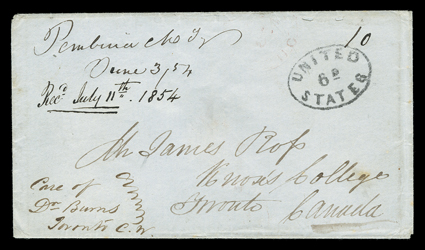 Pembina M.T., June 3, 54, manuscript Minnesota Territory postmark on folded letter of Alexander Murray addressed to James Ross at Toronto, originating at Red River Settlement
(Canada), entered the mails with manuscript postmark and matching 10