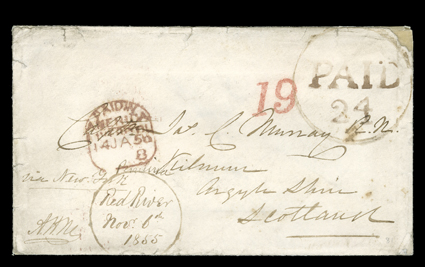 Red RiverNov. 6th, 1855, fancy Canadian manuscript marking in circle on cover to Scotland with letter datelined Fort Alexander - Lac La Pluis District, October 27th, 1855 sent
via the Red River Settlement and Pembina, Minnesota Territory and e