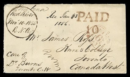 Red RiverNov. 10 1855B.N.A, fancy British North America manuscript marking on Ross correspondence cover to Toronto sent via the Red River Settlement and Pembina, Minnesota
Territory and endorsed simply Pembina, with additional woodcut handsta