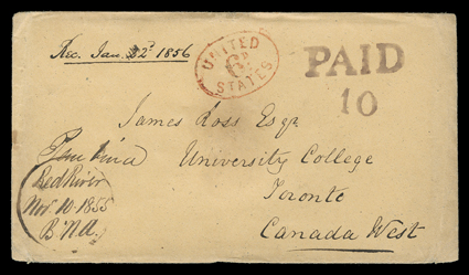 Red RiverNov. 10 1855B.N.A., fancy British North America manuscript marking on Ross correspondence cover to Toronto sent via the Red River Settlement and Pembina, Minnesota
Territory and endorsed simply Pembina, with additional woodcut handst