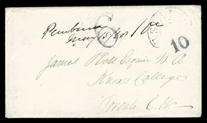 [Pembina Postmarks, 18581862] two covers, first from the Ross correspondence with manuscript PembinaMay 1558 postmark and matching 10 rate from the intermittent period while
under the State of Minnesota, addressed to Toronto with arced U.