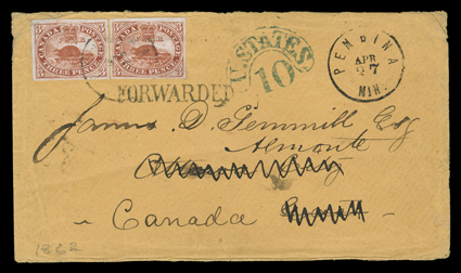 [Canada Beaver Stamps used from Red River Settlement via Pembina and the U.S. Mails] buff cover to Ottawa with two singles Canada 1852 3d Red (4), both with large margins all
around, tied by light strike of Pembina, MinApr 27 (1862) datestamp